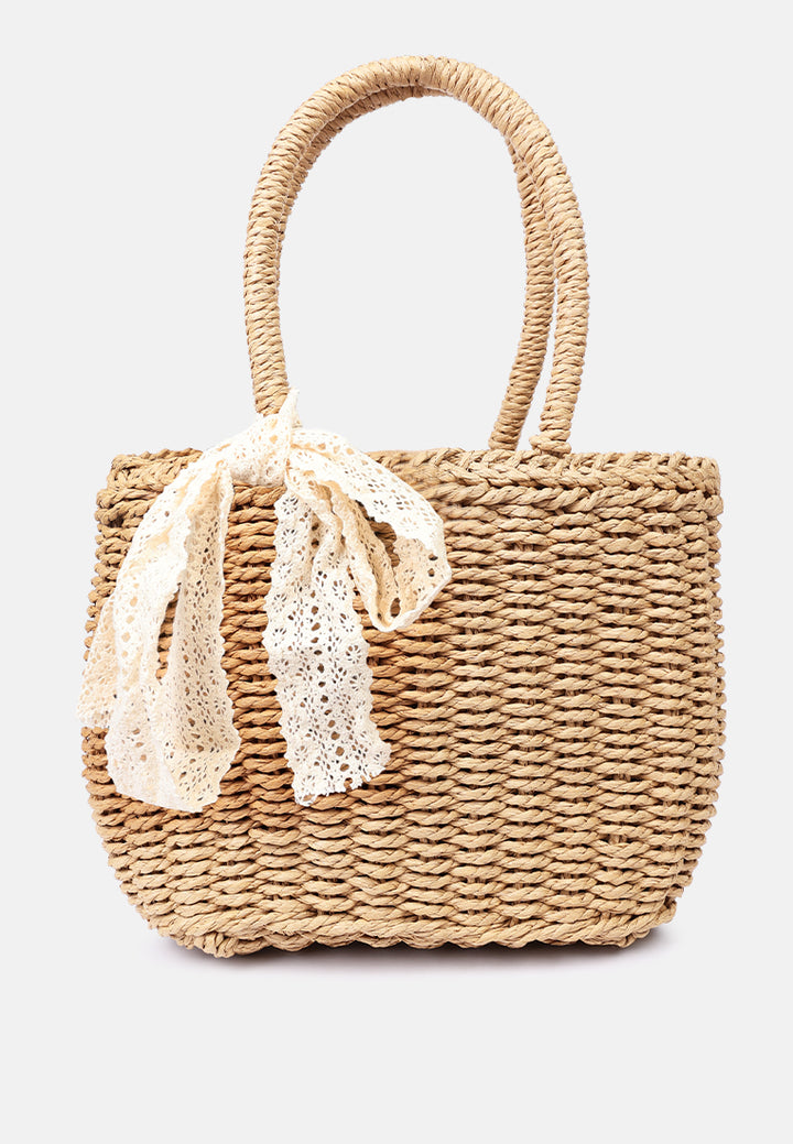 lace ribbon woven handbag#color_tan