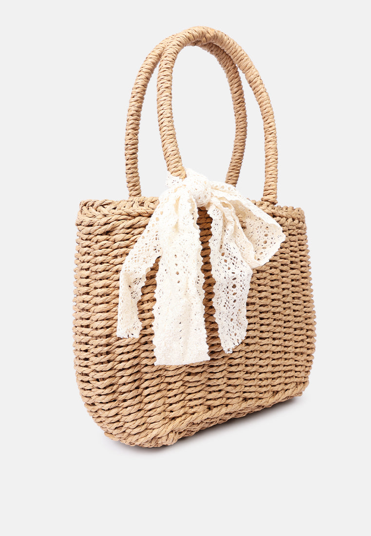 lace ribbon woven handbag#color_tan