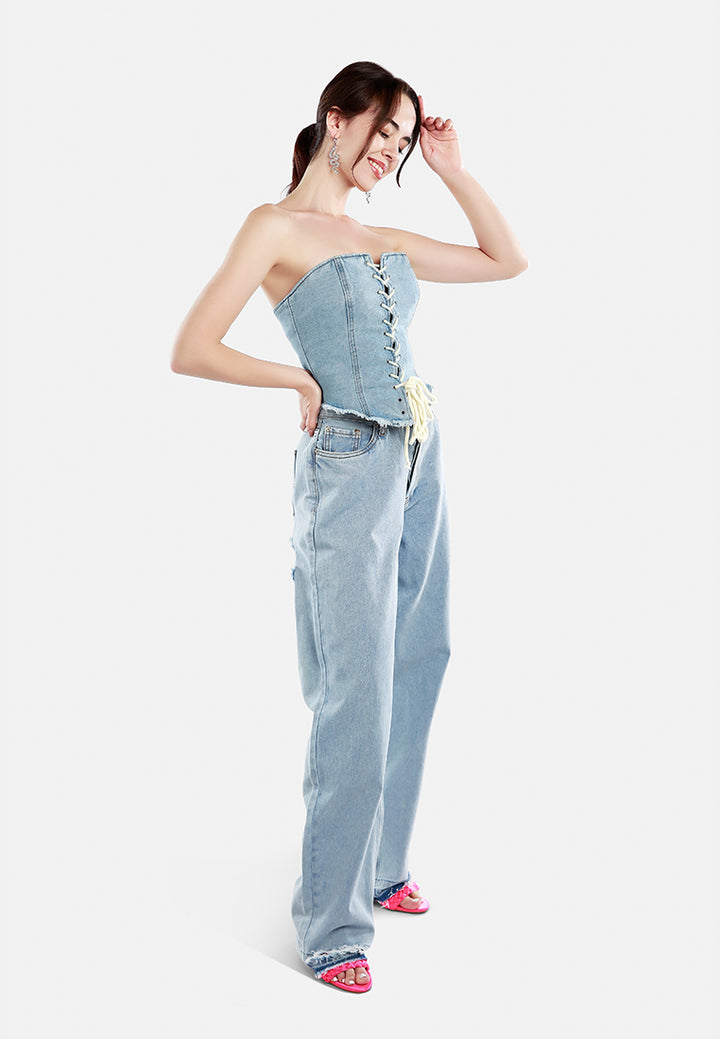 lace up denim corset top by ruw#color_light-blue