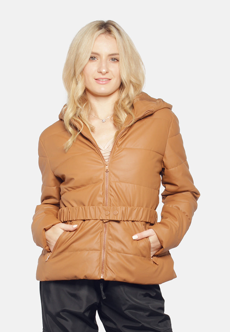 long sleeved hooded puffer jacket#color_camel