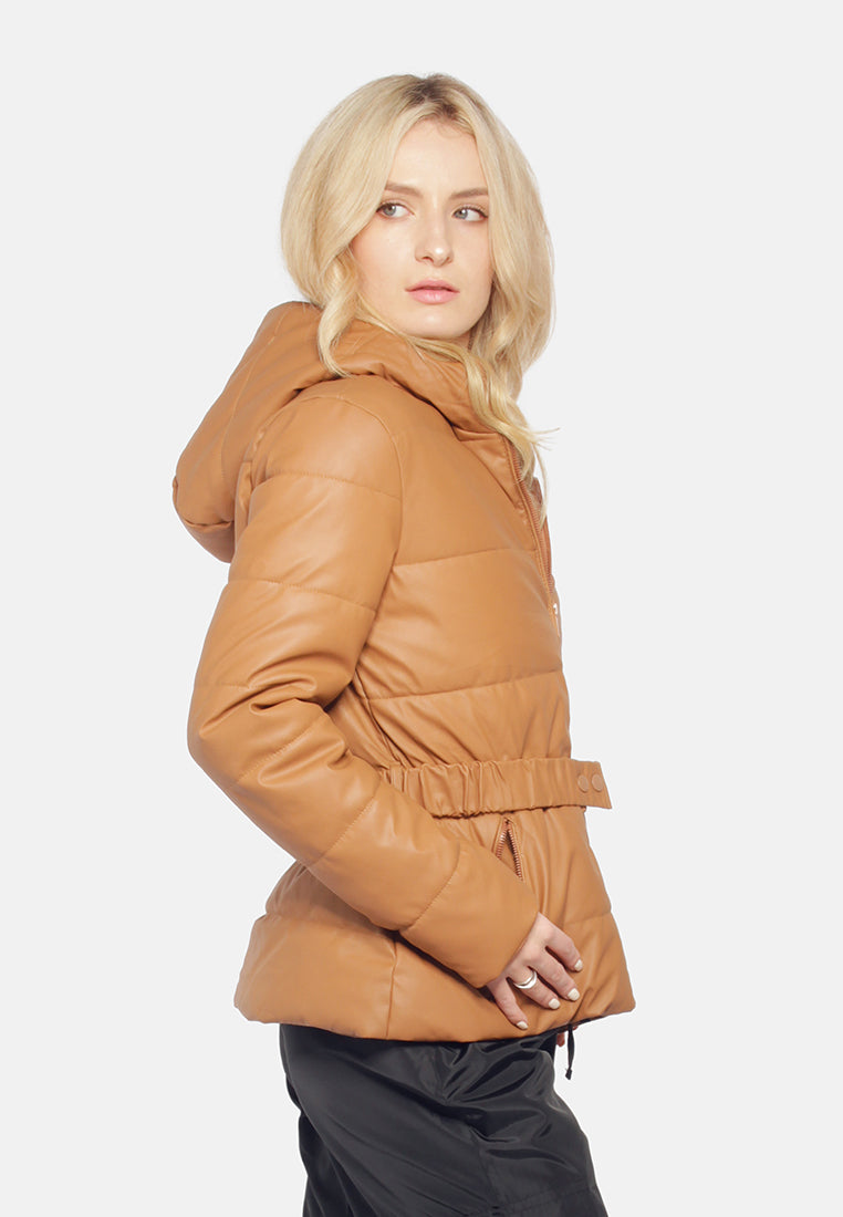 long sleeved hooded puffer jacket#color_camel