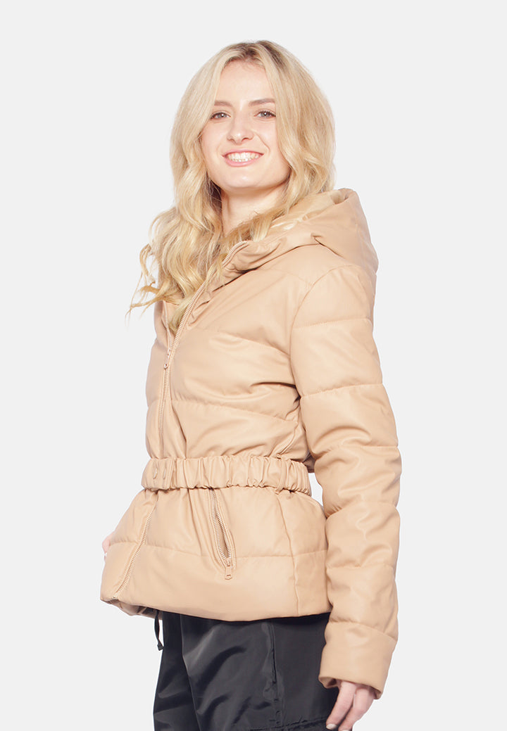 long sleeved hooded puffer jacket#color_taupe