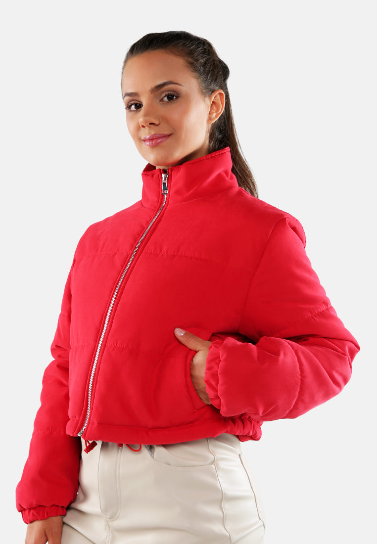 long sleeves puffer drawstring jacket#color_red