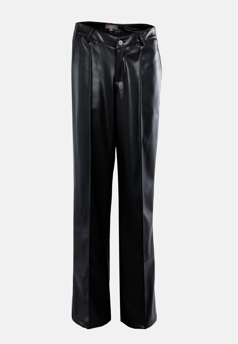 low waist faux leather flare pants#color_black