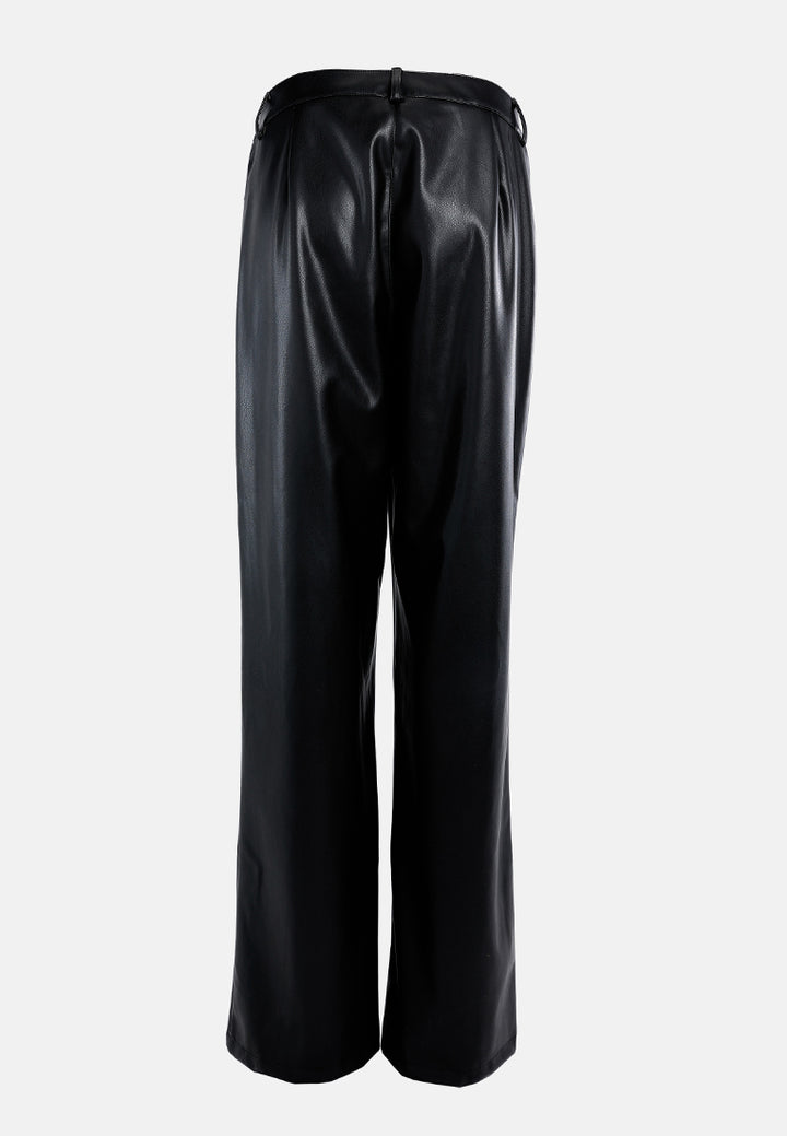 low waist faux leather flare pants#color_black