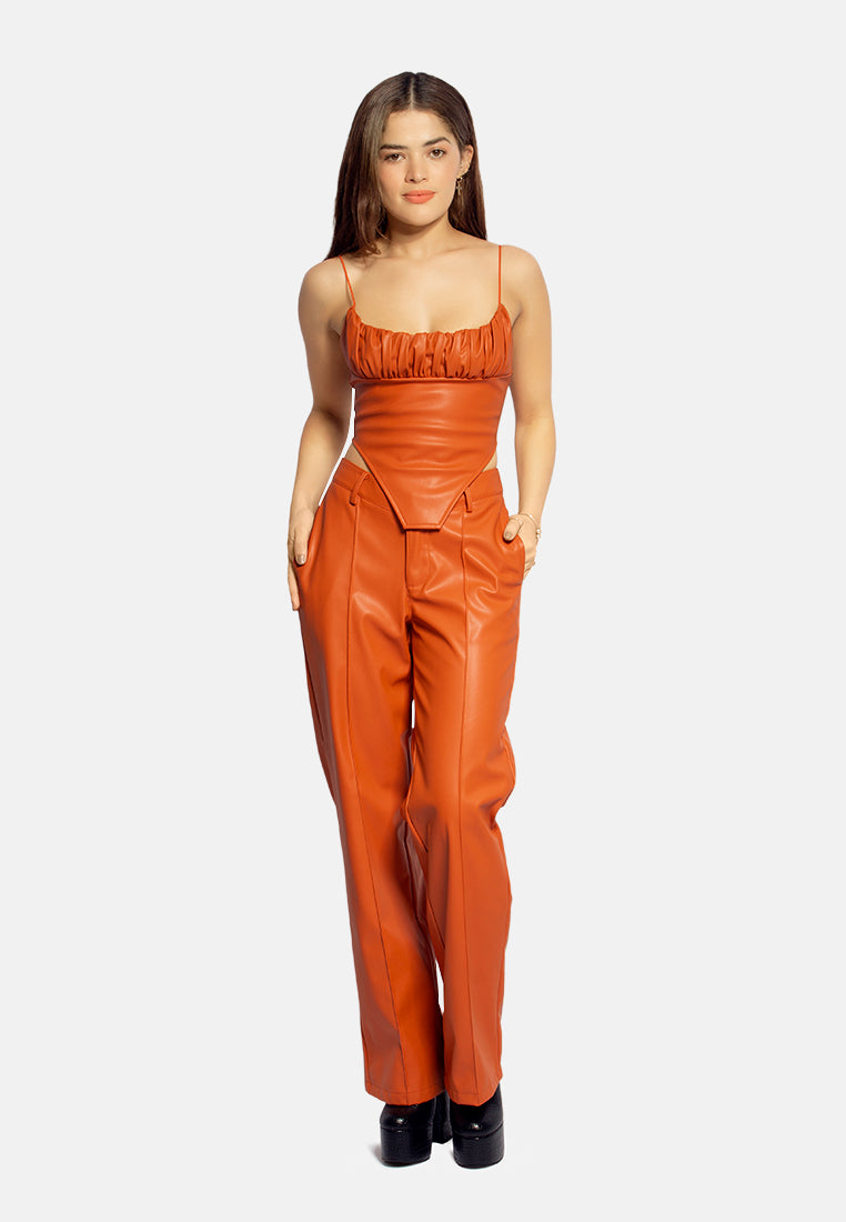 low waist faux leather flare pants#color_orange