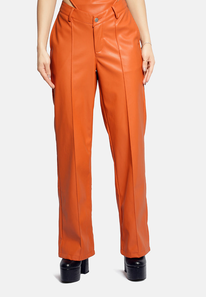 low waist faux leather flare pants#color_orange