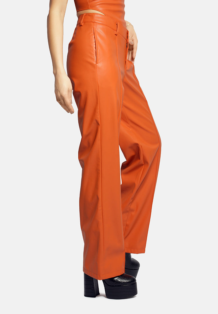 low waist faux leather flare pants#color_orange