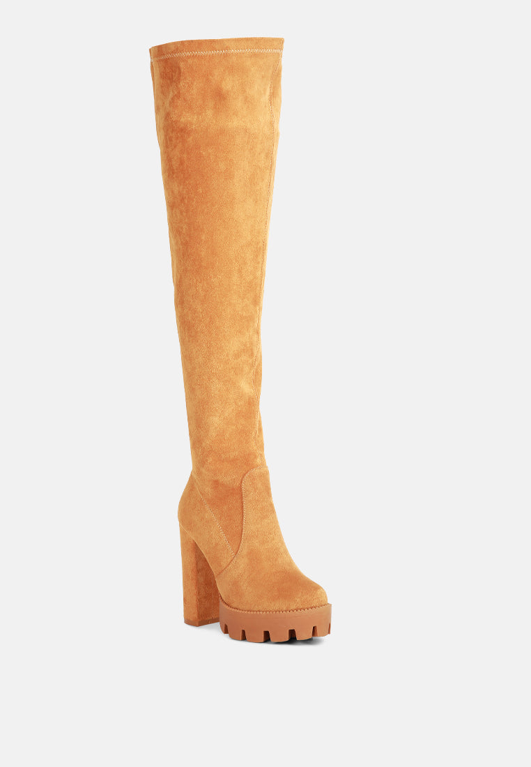 maple high block heeled faux suede long boots#color_tan