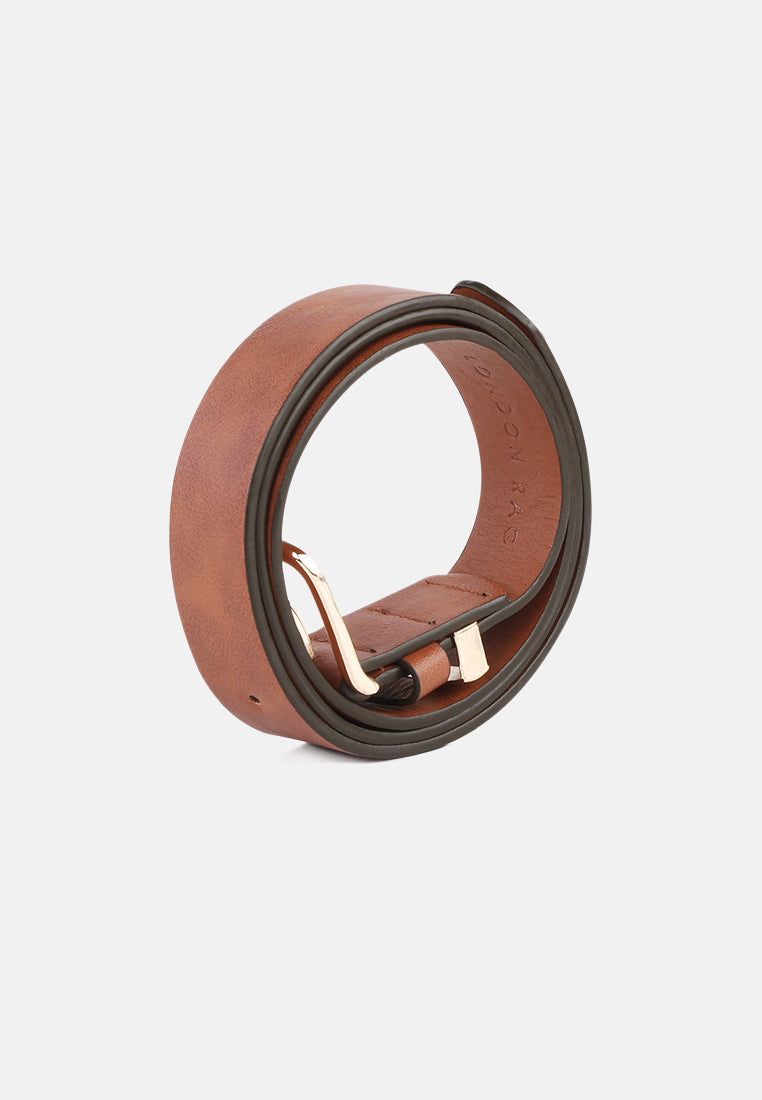 metallic buckle belt#color_brown