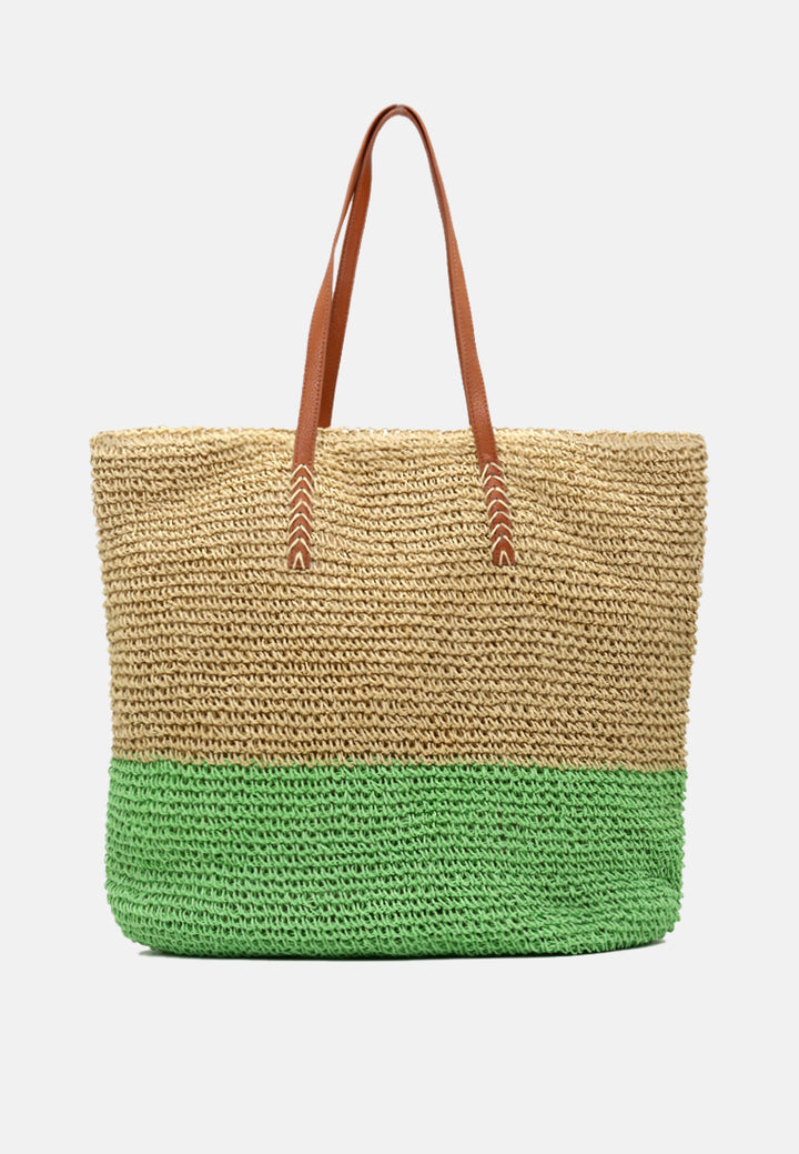 natural woven two tone tote bag#color_beige