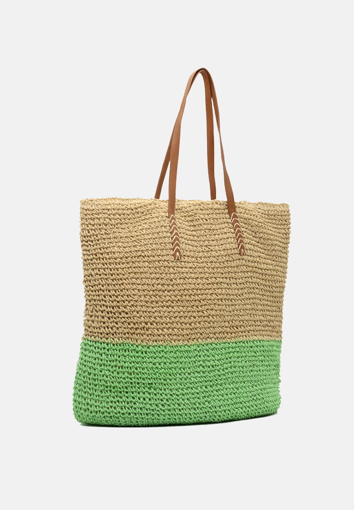 natural woven two tone tote bag#color_beige