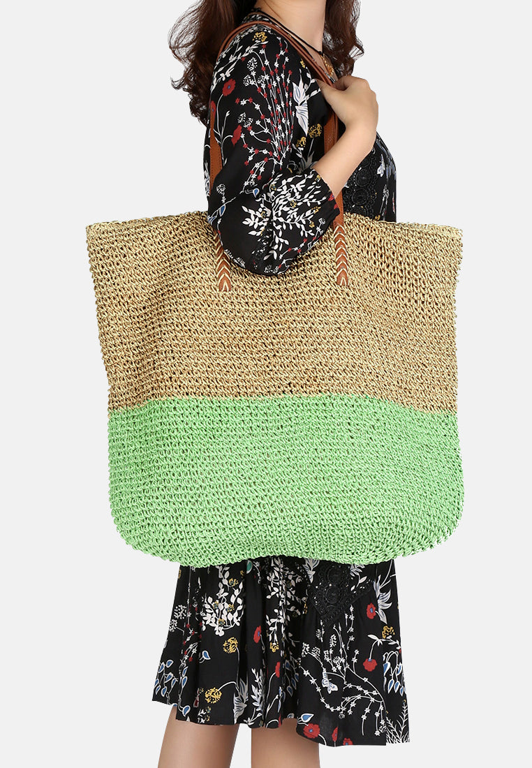 natural woven two tone tote bag#color_beige