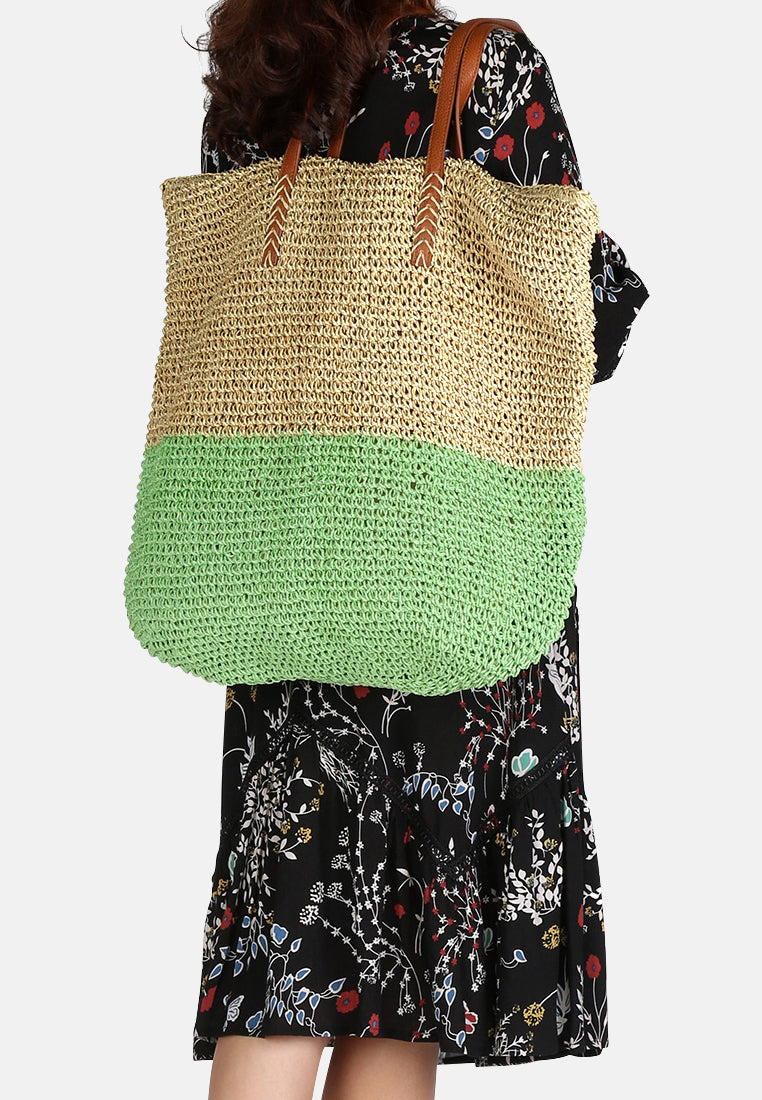 natural woven two tone tote bag#color_beige