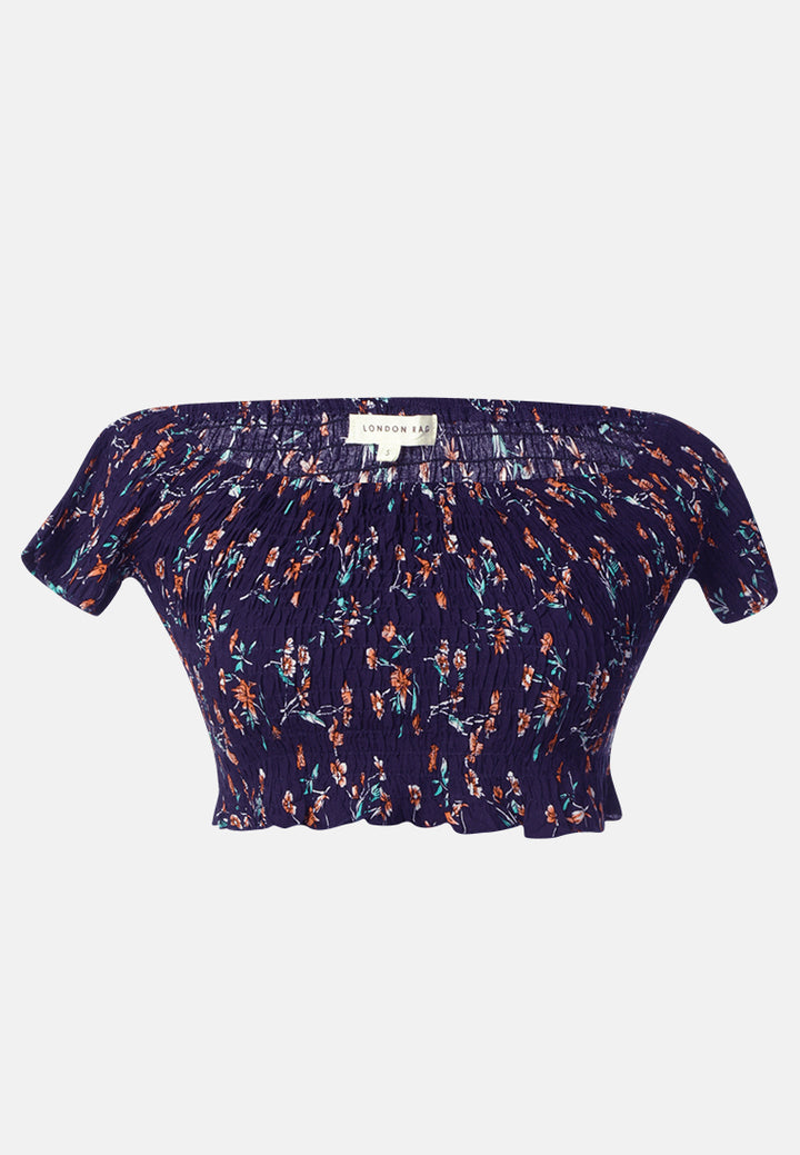 off shoulder printed crop top#color_navy