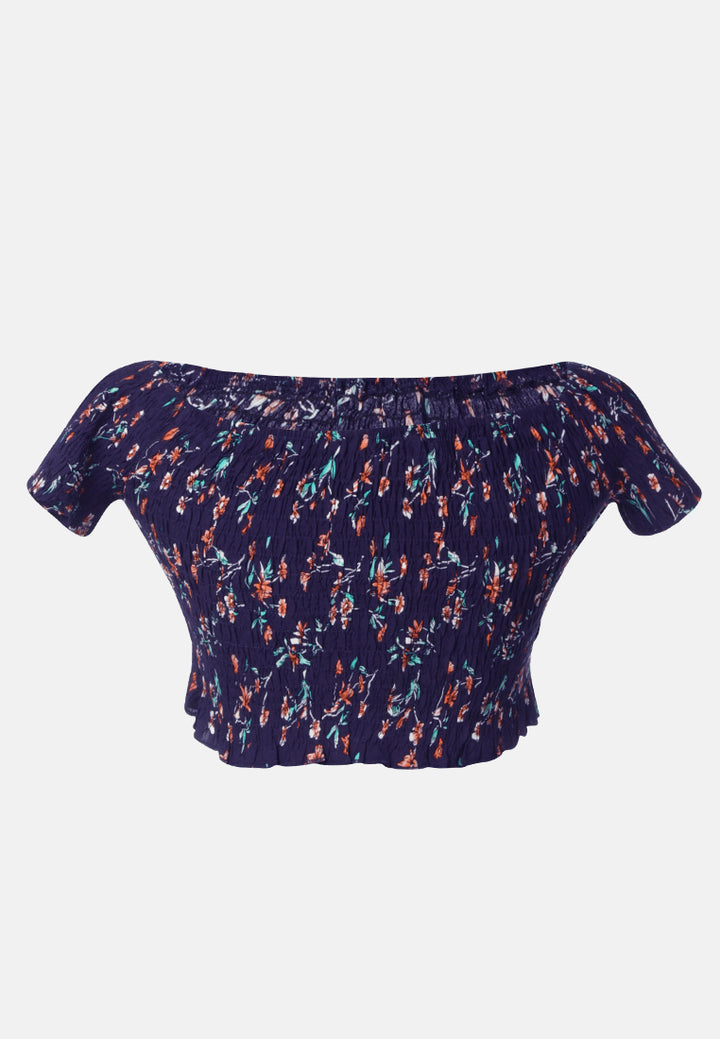 off shoulder printed crop top#color_navy
