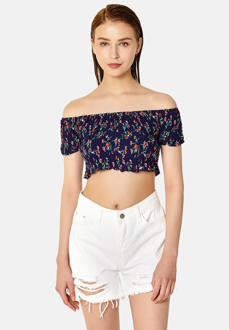 off shoulder printed crop top#color_navy