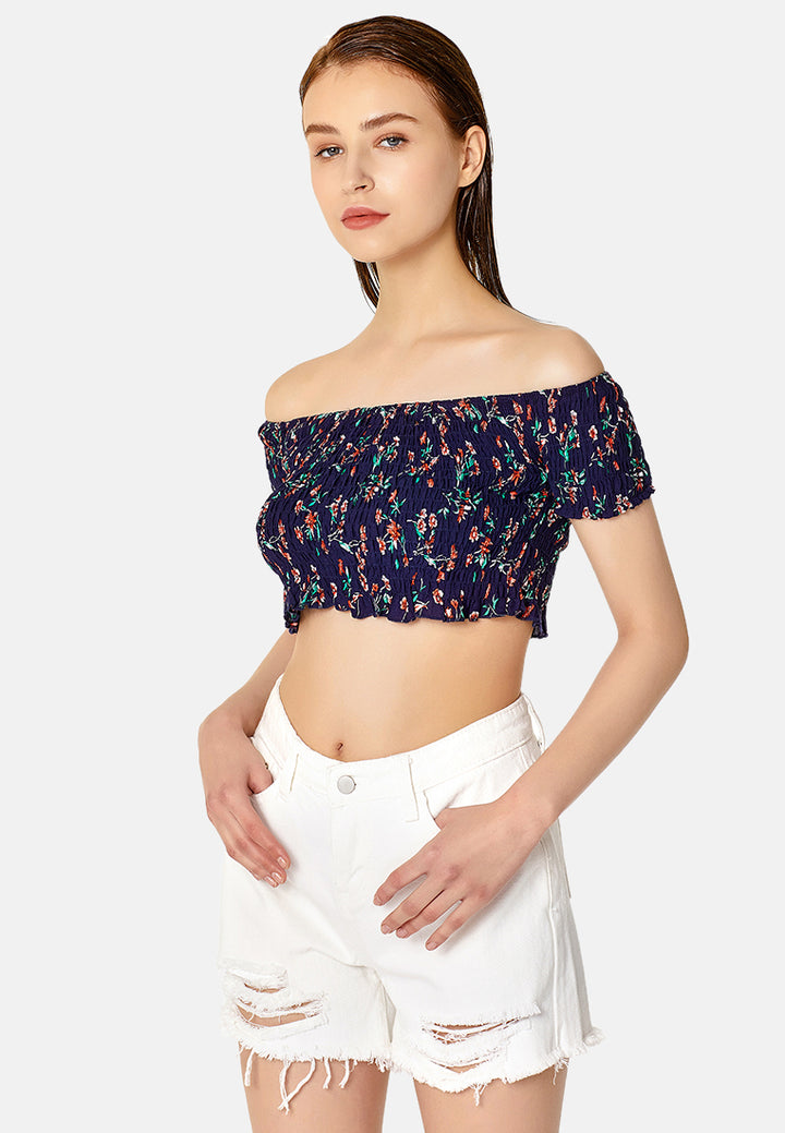 off shoulder printed crop top#color_navy