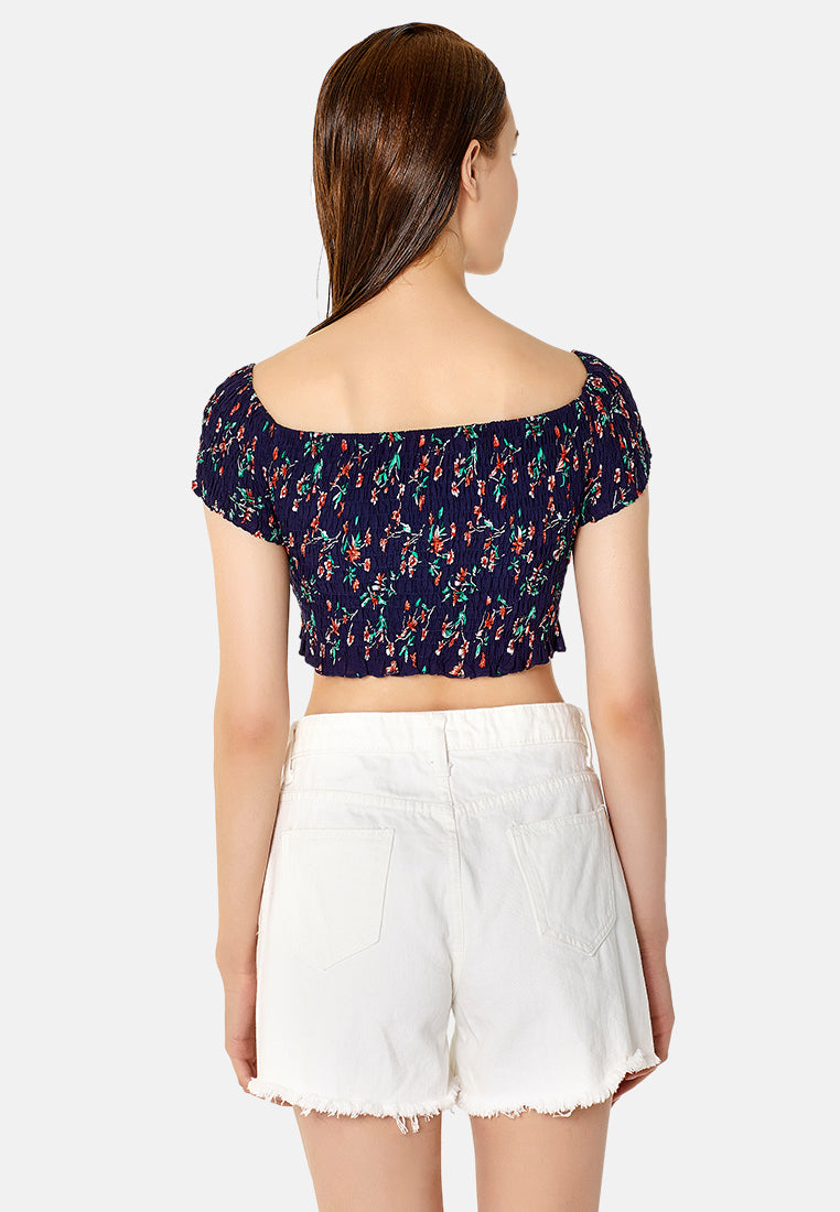 off shoulder printed crop top#color_navy