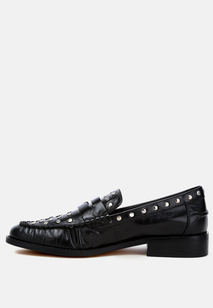 studs embellished leather loafers by ruw#color_black