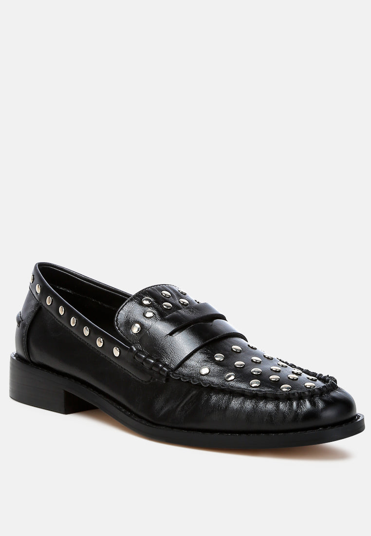 studs embellished leather loafers by ruw#color_black