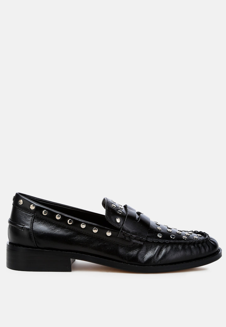 studs embellished leather loafers by ruw#color_black