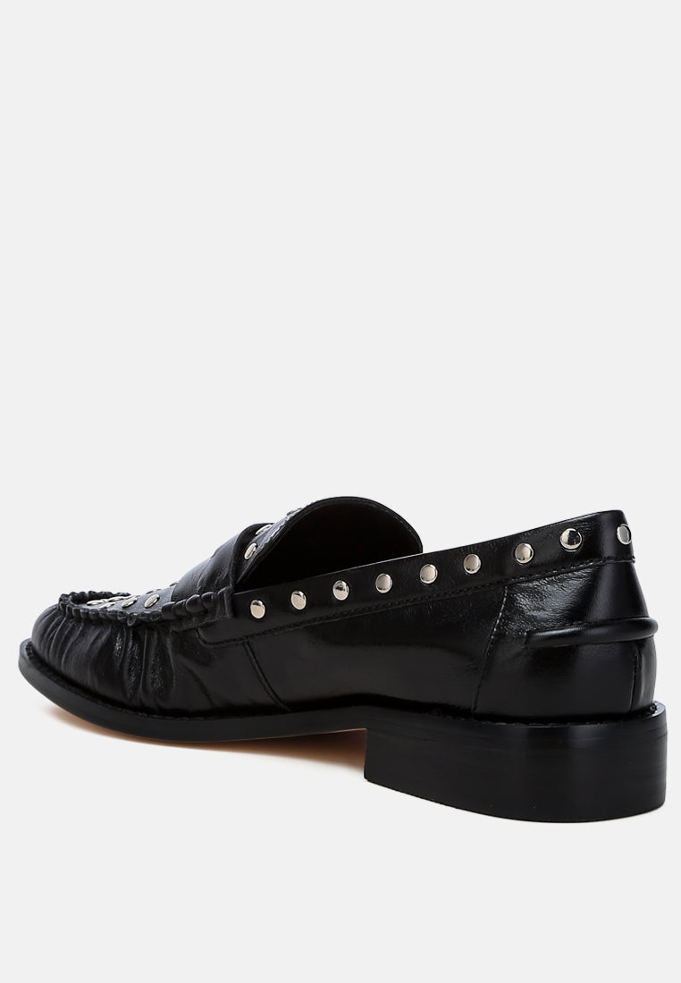 studs embellished leather loafers by ruw#color_black