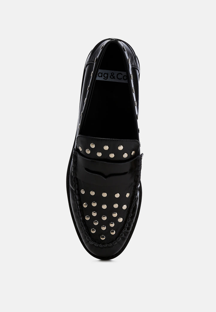 studs embellished leather loafers by ruw#color_black