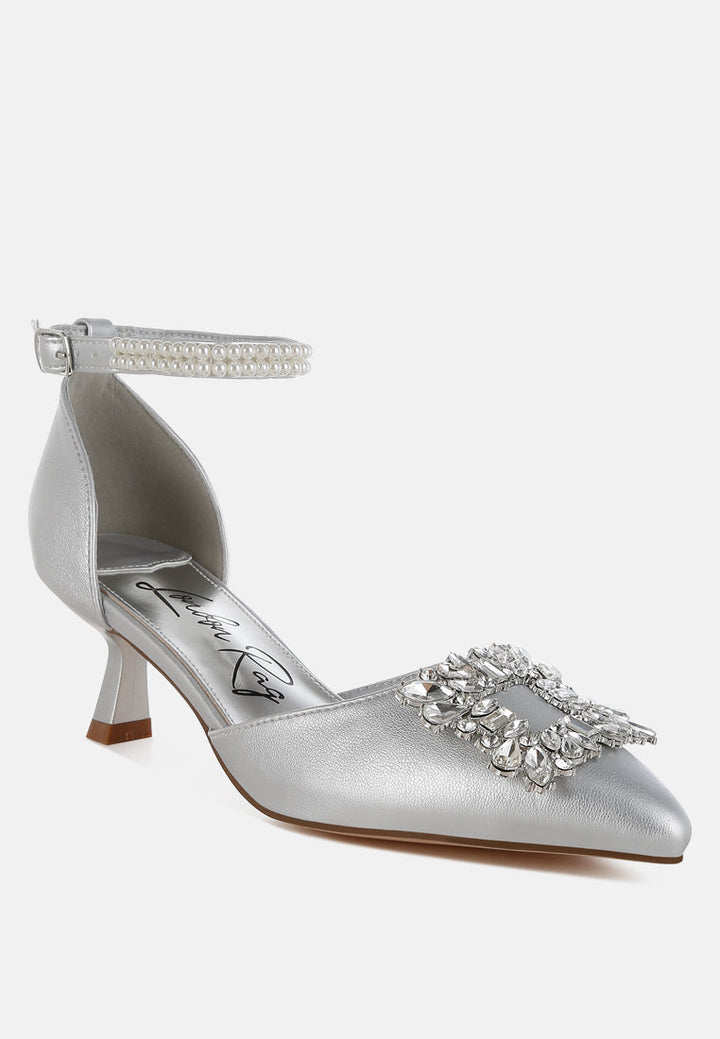 diamante brooch kitten heel sandals by ruw#color_silver