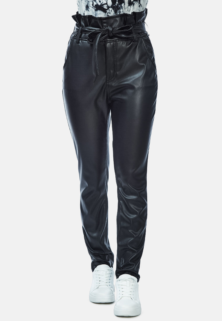 paper bag faux leather pants#color_black