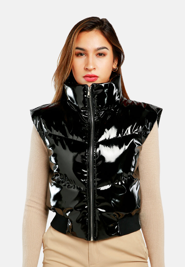 patent sleeveless puffer jacket#color_black