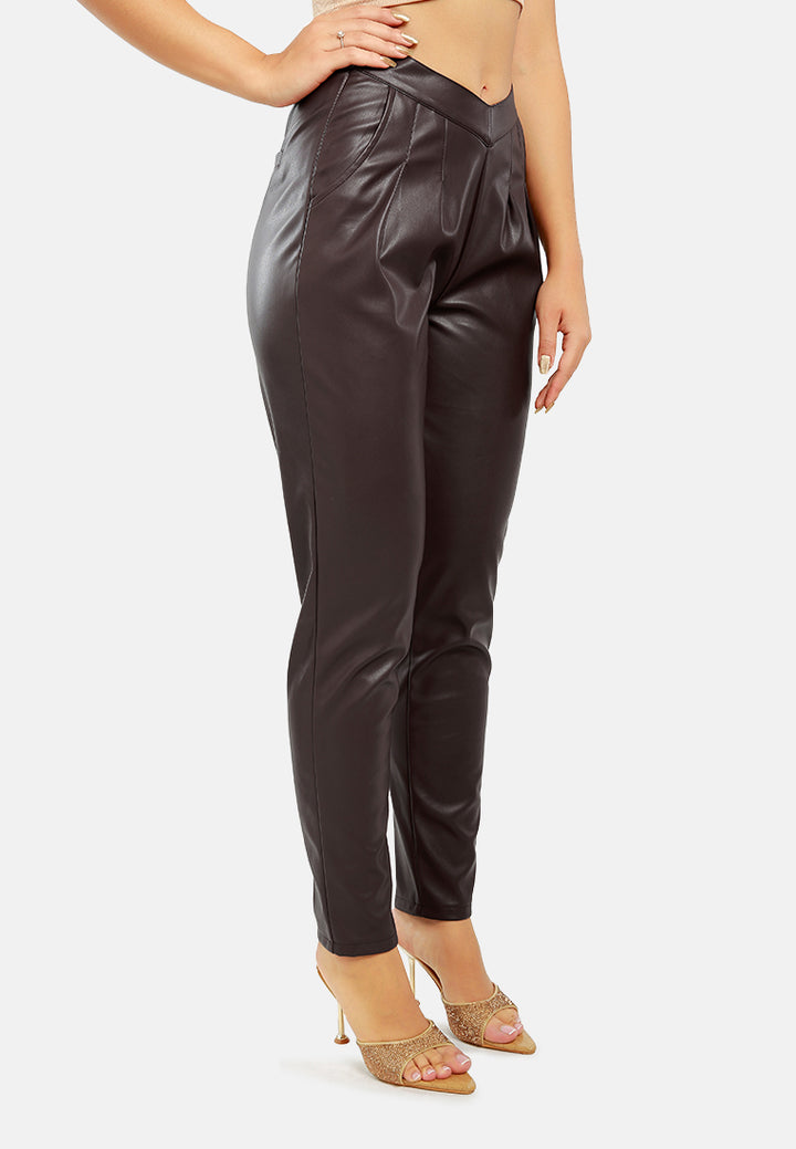 pleated faux leather pants#color_chocolate