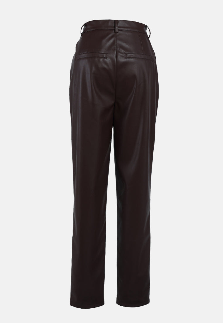 pleated faux leather pants#color_chocolate