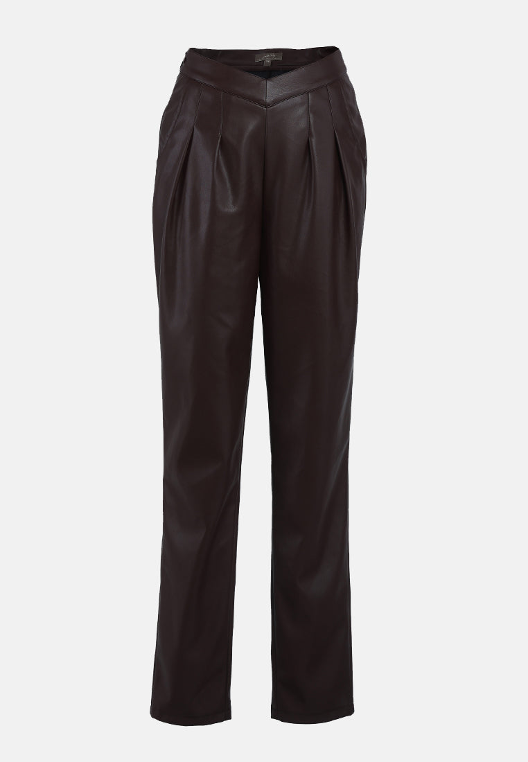 pleated faux leather pants#color_chocolate