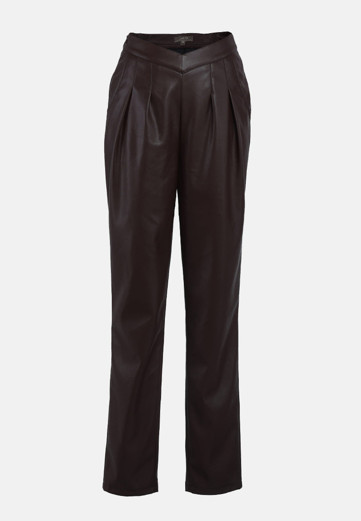pleated faux leather pants#color_chocolate