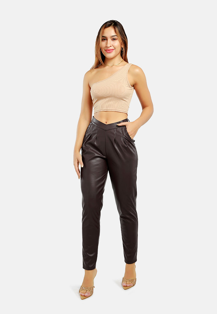 pleated faux leather pants#color_chocolate