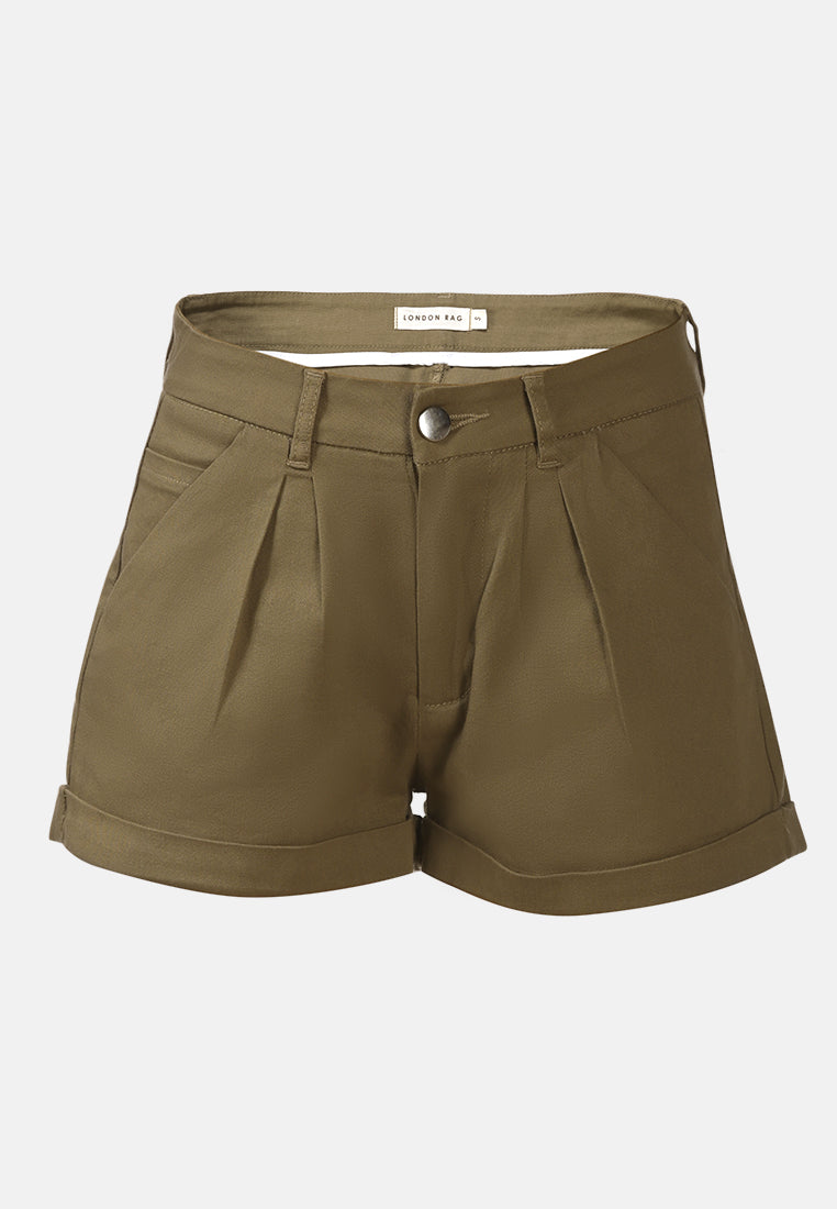 pleated flap pocket shorts by ruw#color_khaki