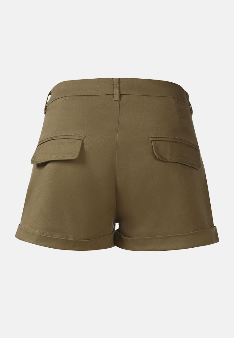 pleated flap pocket shorts by ruw#color_khaki
