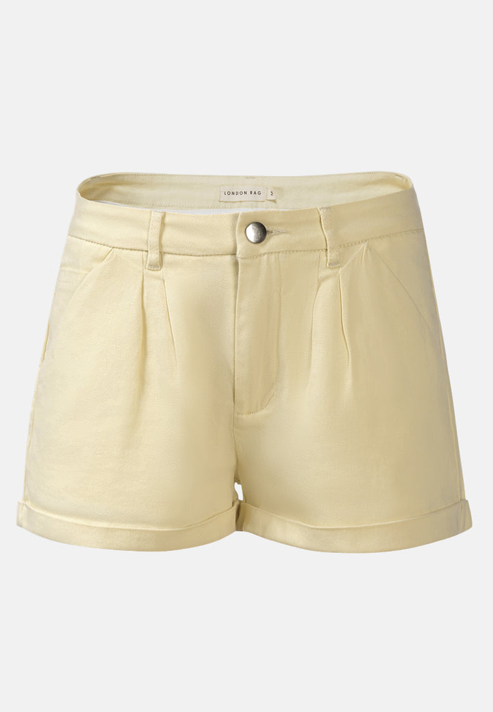 pleated flap pocket shorts by ruw#color_light-yellow