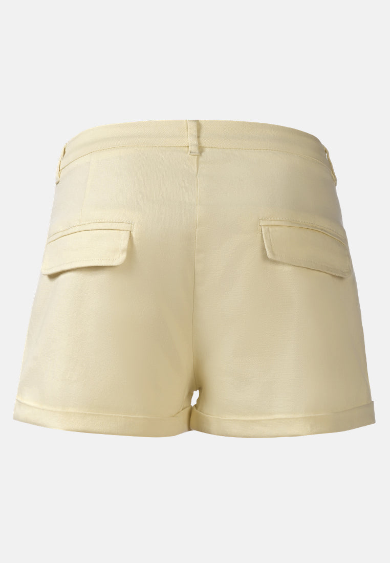 pleated flap pocket shorts by ruw#color_light-yellow