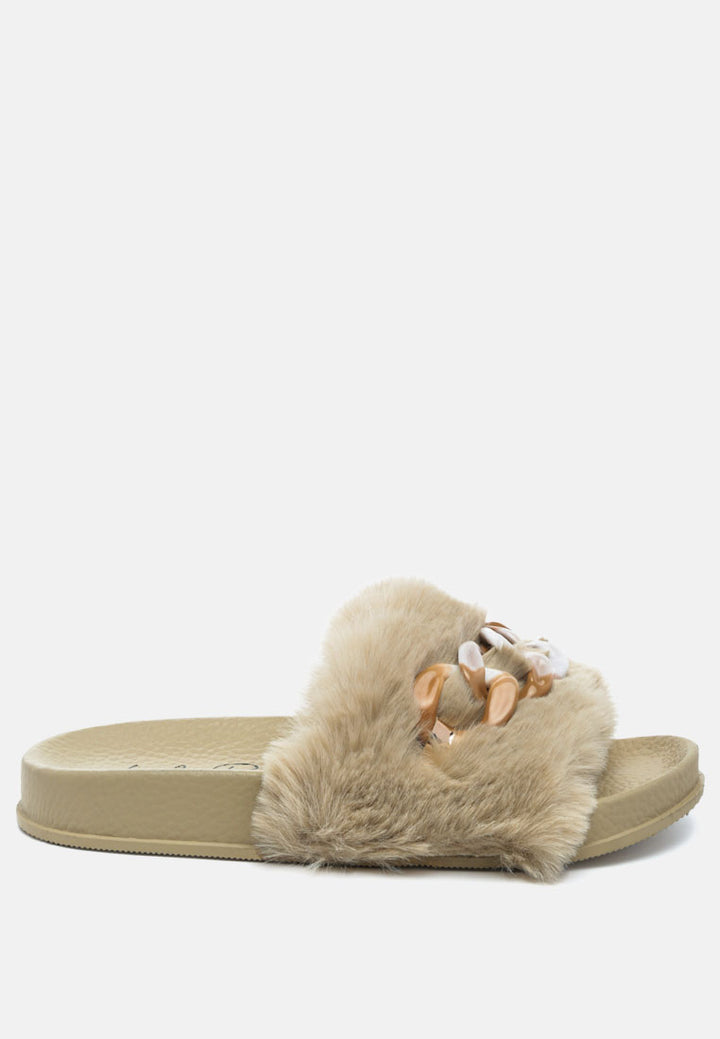 polyp acrylic chain strap fur slides#color_beige