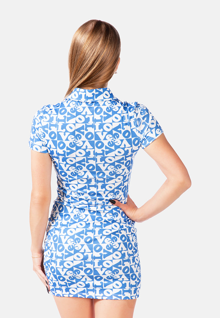 printed mini bodycon polo dress#color_blue