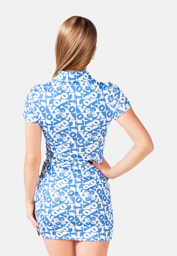 printed mini bodycon polo dress#color_blue