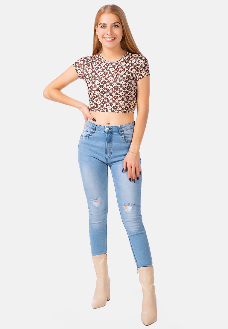 printed brown knitted crop top#color_brown