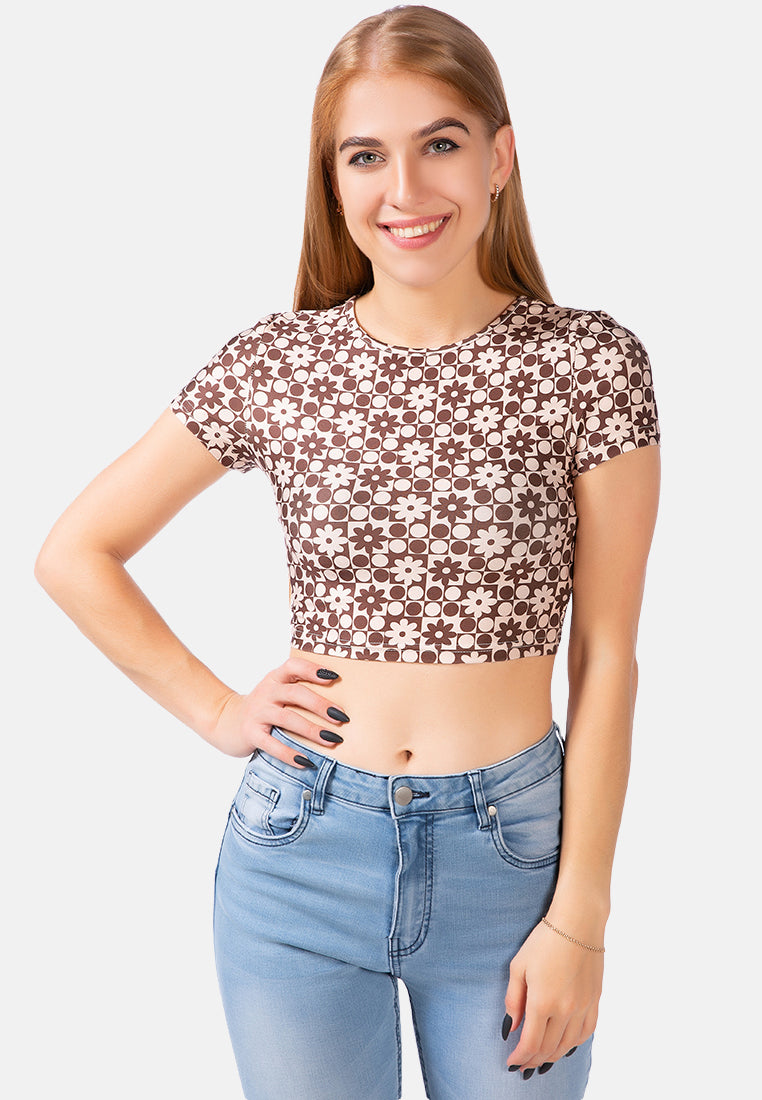 printed brown knitted crop top#color_brown