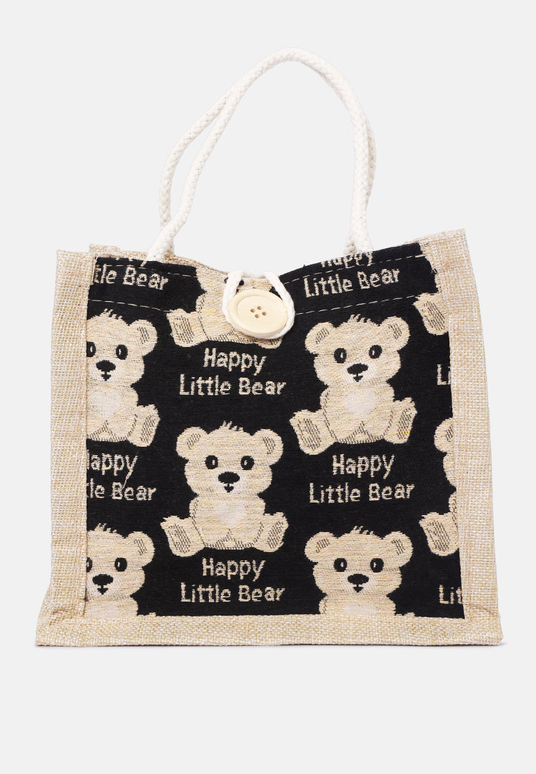 printed jute tote hand bags#color_black