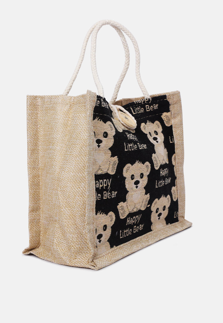 printed jute tote hand bags#color_black