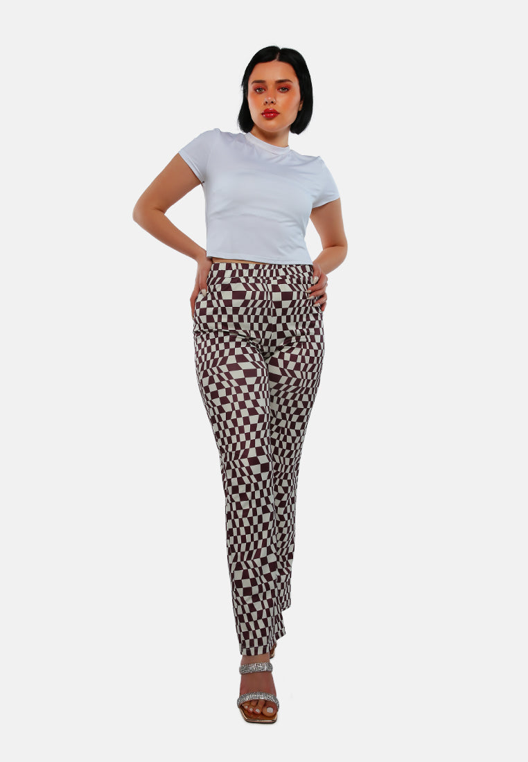 psychedelic print high waist trousers#color_brown