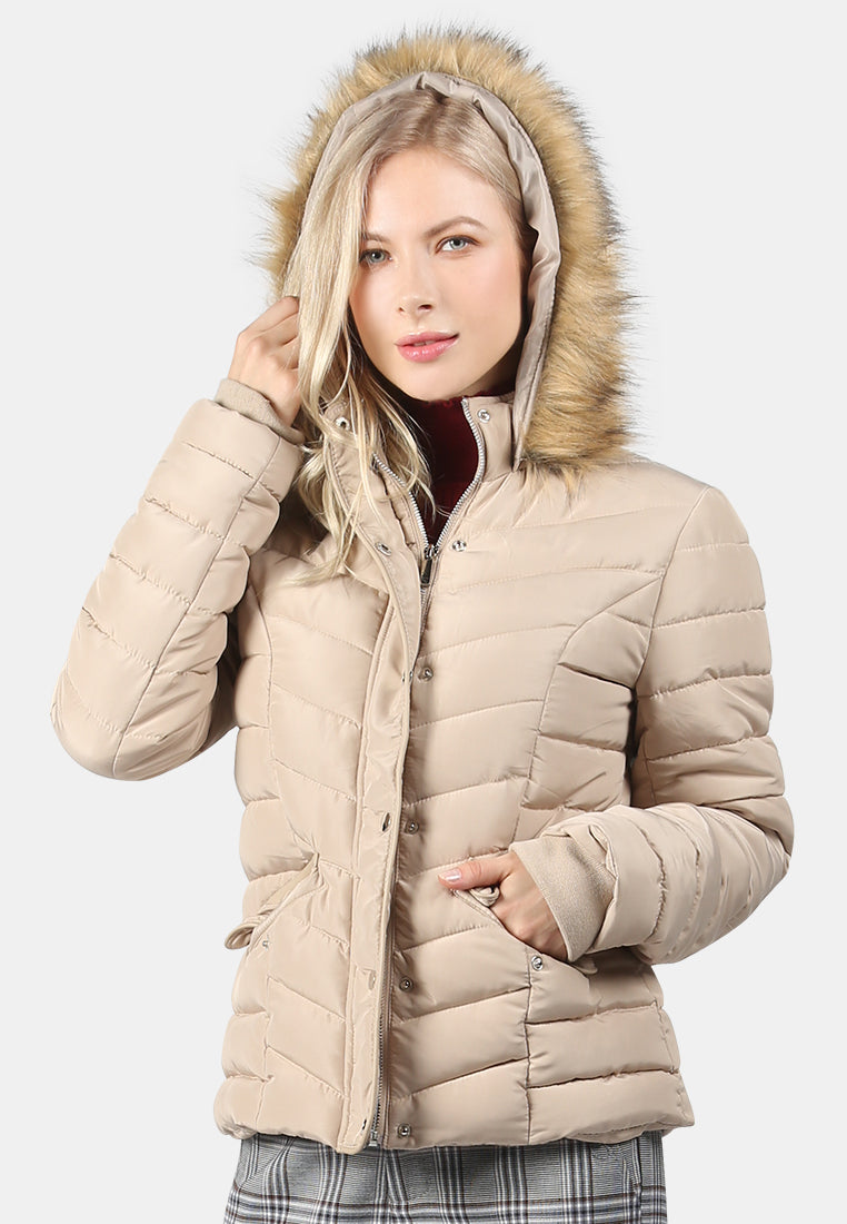 puffer jacket with faux fur hoodie#color_beige