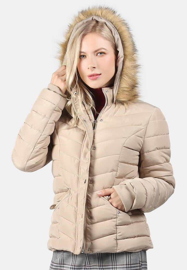 puffer jacket with faux fur hoodie#color_beige